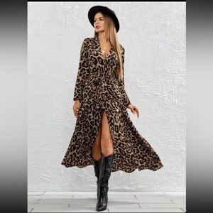 Leopard Print Surplice Neck Long Sleeve Wrap Dress